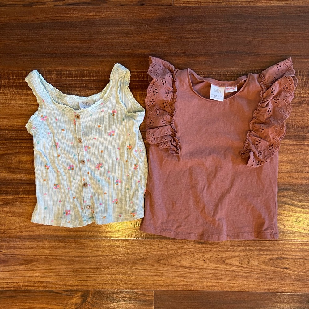 Zara Kids Pink Ruffle Sleeve Top and Blue Floral Tank 3-4 Yrs